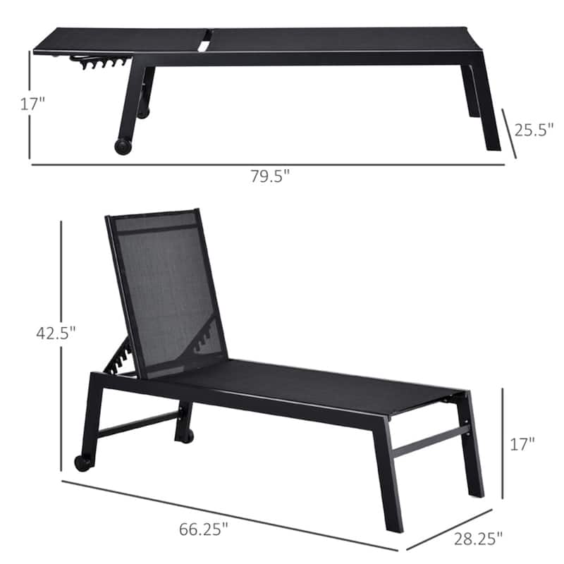 Outdoor Chaise Lounge Chair Adjustable Recliner Poolside Patio with Mesh Fabric and Steel Frame - 66.25" L x 28.25" W x 42.5" H