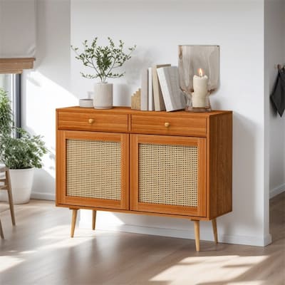 Storage Cabinet with 2 Drawers, Rattan Doors and Wooden Legs