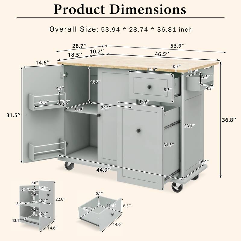 Kitchen Island with Drop Leaf, 53.9" Width Rolling Kitchen Cart on Wheels with Internal Storage Rack