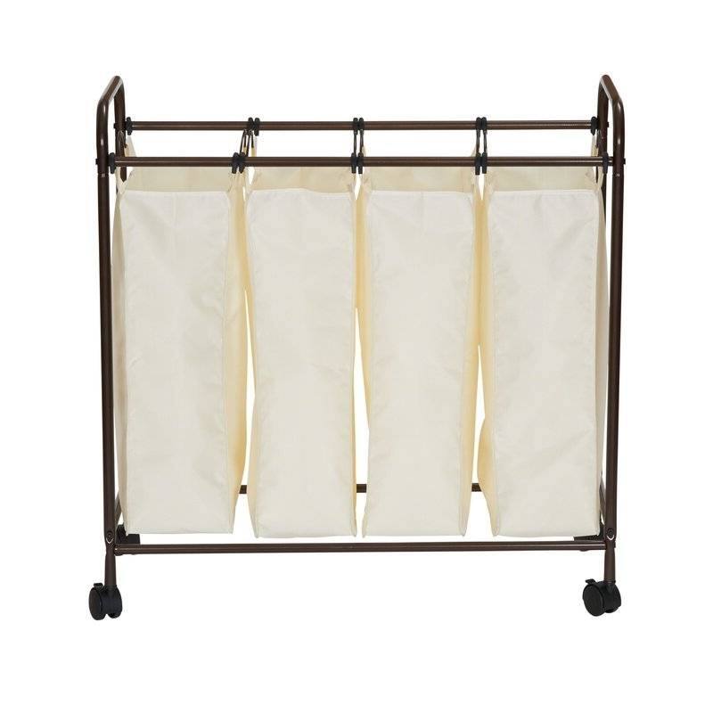 White-Brown Steel Frame Laundry Sorter with 4 Polyester Bags and Locking Wheels - 13 x 17.3 x 33.13 (LxWxH)