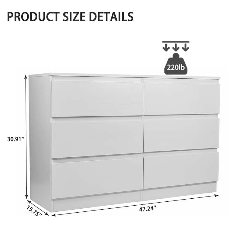 6 Drawer Dresser with Spacious Countertop,Wood Storage Cabinet with Concealed Handles & 6 Deep Drawers,15.7"D x 47.2"W x 30.9"H