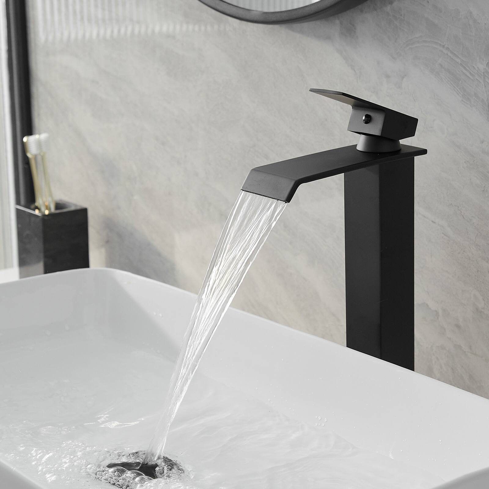 Single Handle Waterfall Vessel Bathroom Faucet with Pop Up Drain Bed