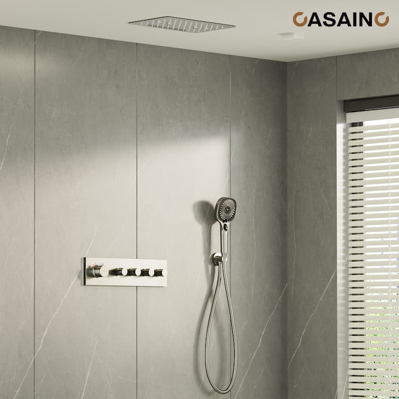 Luxury Thermostatic Shower System 3-Spray Patterns Ceiling Mount Fixed Rain Waterfall Shower Head and Handheld Spray Combo
