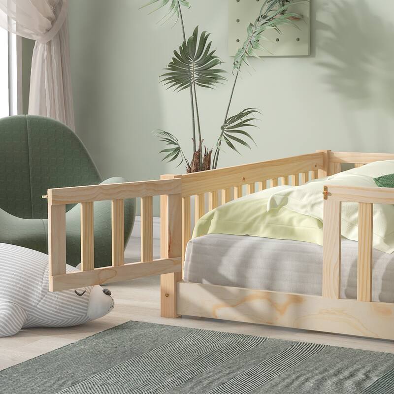 Full size Floor Platform Bed with Fence and Door, White