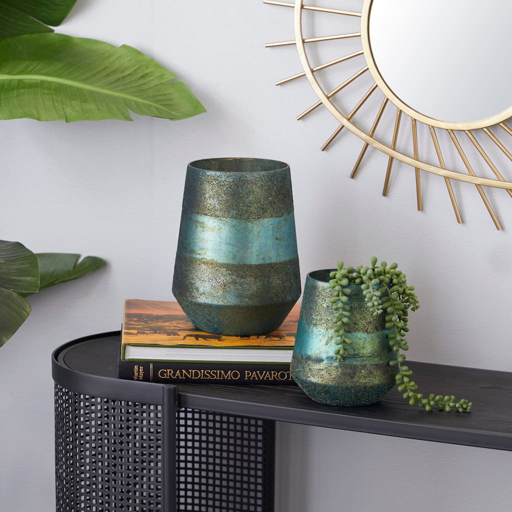 Green Glass Rustic Candle Holder (Set of 2) - 7 x 7 x 9