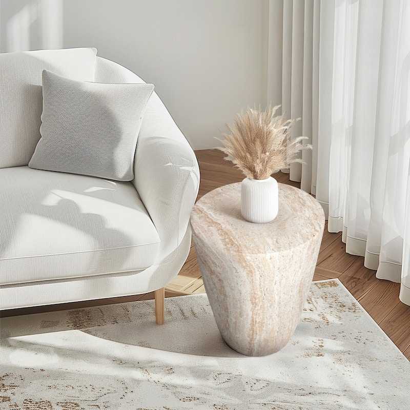 Tapered Travertine Stone Finish Italian Design MgO Side Accent Table - 14.5"x14.5"x18.3"