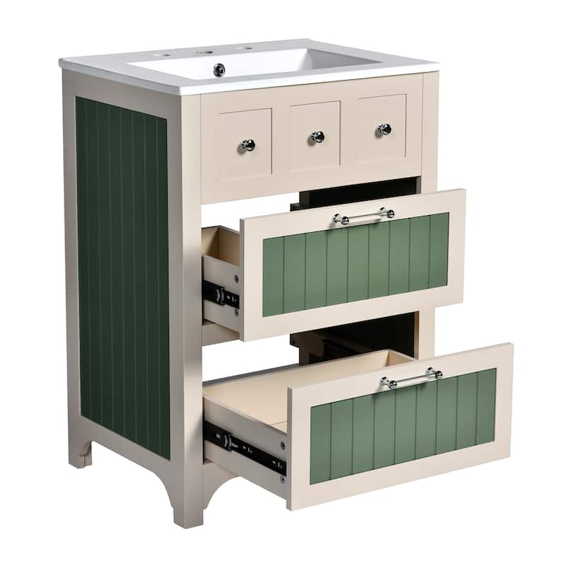 24" Wood Bathroom Vanity with Ceramic Sink and 2 Drawers