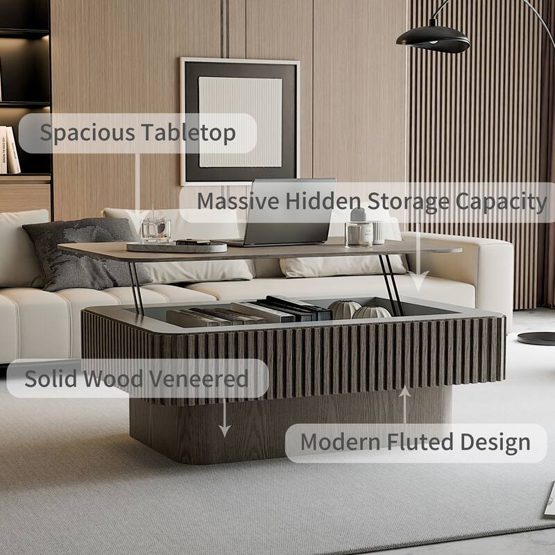 GDF Studio - Modern Wooden Veneer Lift-Top Coffee Table with Fluted Design & Storage - 38.6''