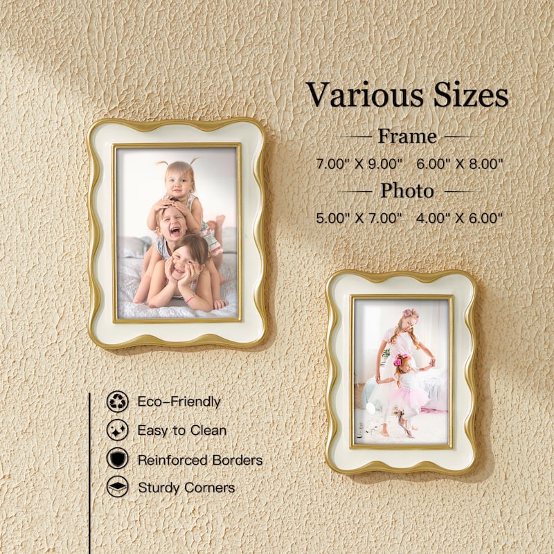 Glitzhome Set of 2 Vintage White Gold Wavy Resin 4x6 & 5x7 Tabletop or Wall Picture Frames