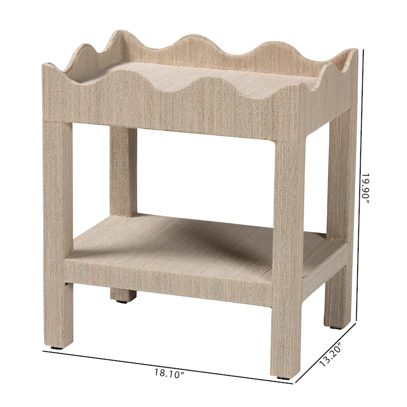 Sebastian Grasscloth Scalloped End Table - 2-Tier Accent Table with Open Shelf Storage for Living Room, Bedroom, or Entryway