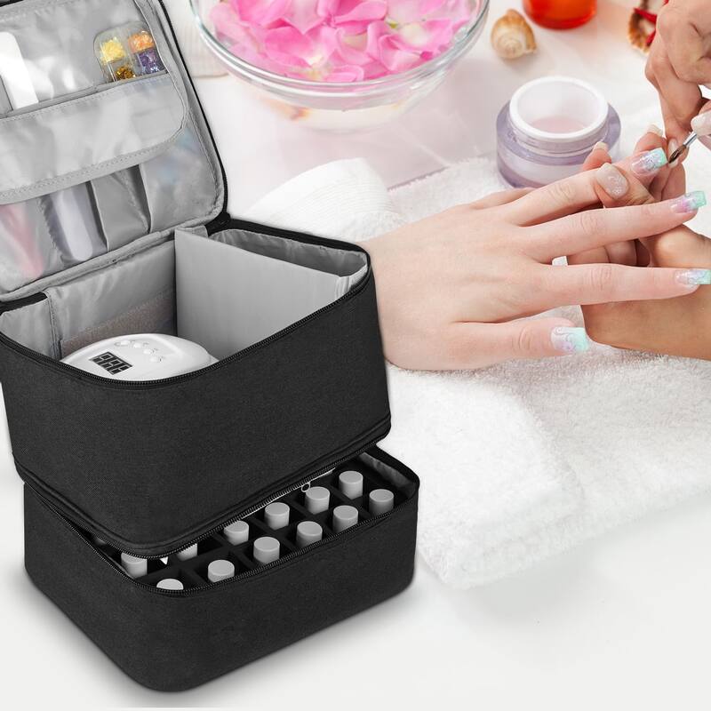 Double-Layer Nail Polish Organizer Bag, Holds 27 Bottles, Nail Tools & Dryer Storage Case with Adjustable Dividers