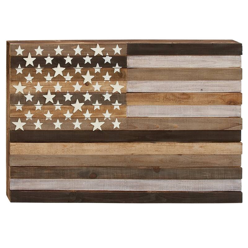 Brown Wood Handmade Washed American Flag Home Wall Decor with Slatted Panels and Cream Stars