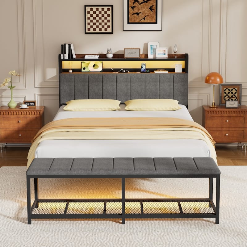 Javlergo Bed Frame with Bench, Bedframes with Charging Staions, Headboard and Storage Bench, LED Lights and Storage Shelves - Full
