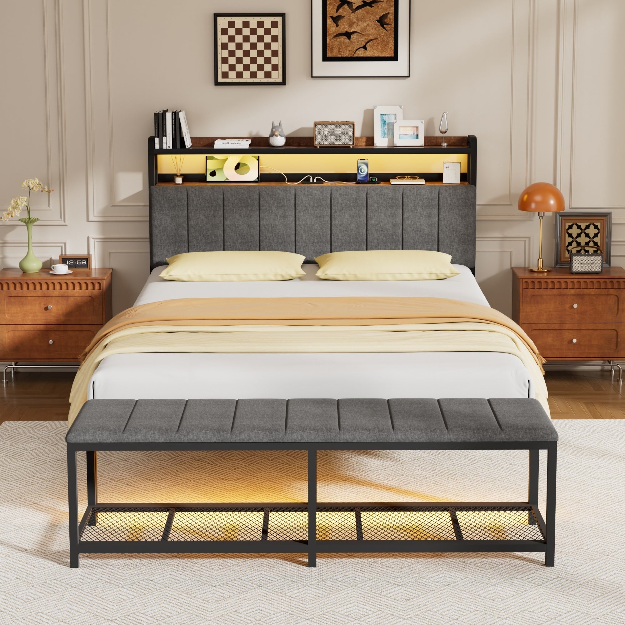 Javlergo Bed Frame with Bench, Bedframes with Charging Staions Headboard and Storage Bench LED Lights and Storage Shelves