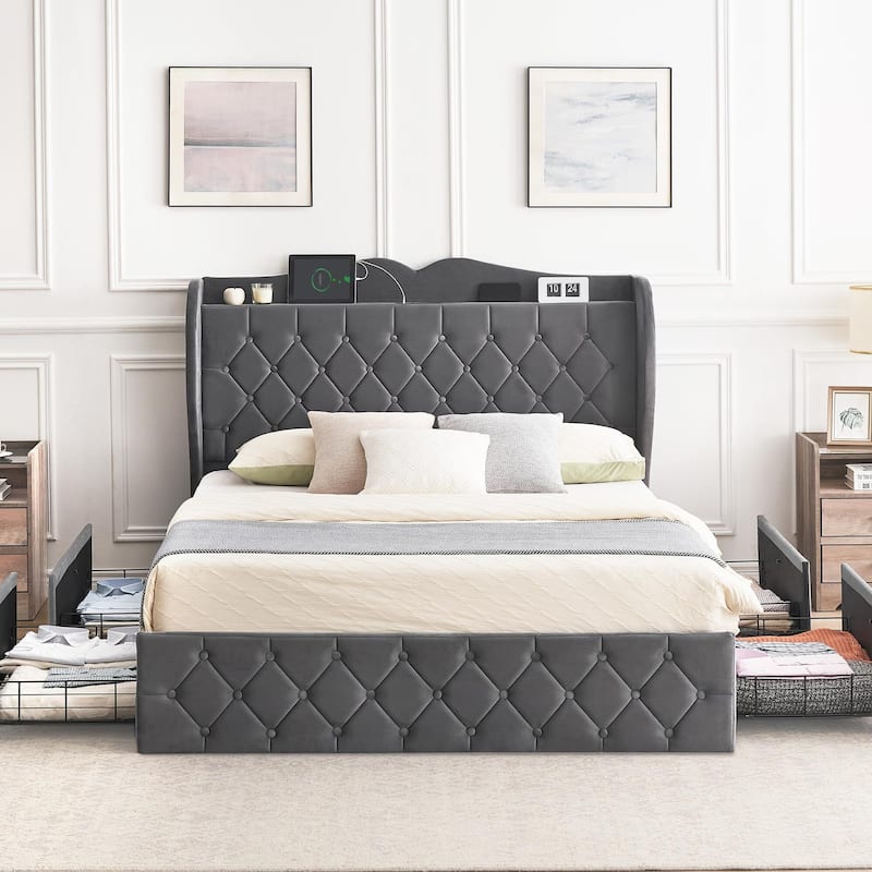 Full Bed Frame with 4 Storage Drawers and Charging Station