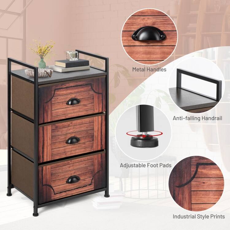 Dark Brown Fabric 4-Drawer Storage Tower with Metal Frame MDF Top and Adjustable Feet for Bedroom Closet or Office