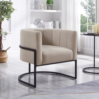 Upholstered Linen Accent Chair with Black Metal Stand,Mid-Century Living Room Leisure Chair with Curve Backrest