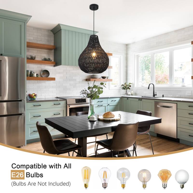 1-Light Cage Hanging Pendant Light Chandelier with Paper Rattan Shaded for Kitchen Island