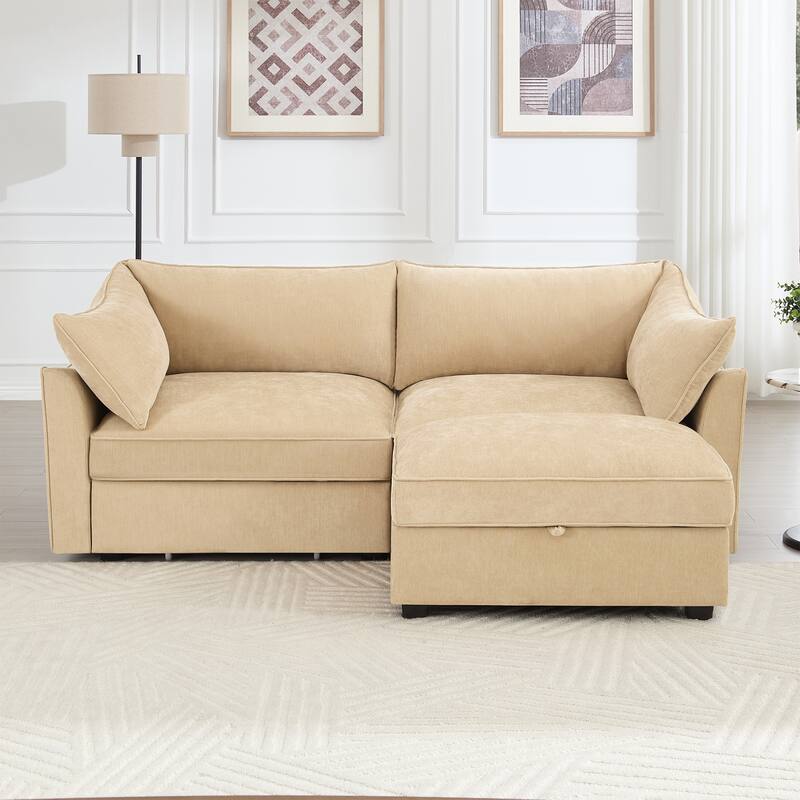2-Seater Loveseat with 1 Movable Ottoman & Pull out Storage Drawer Under Seat