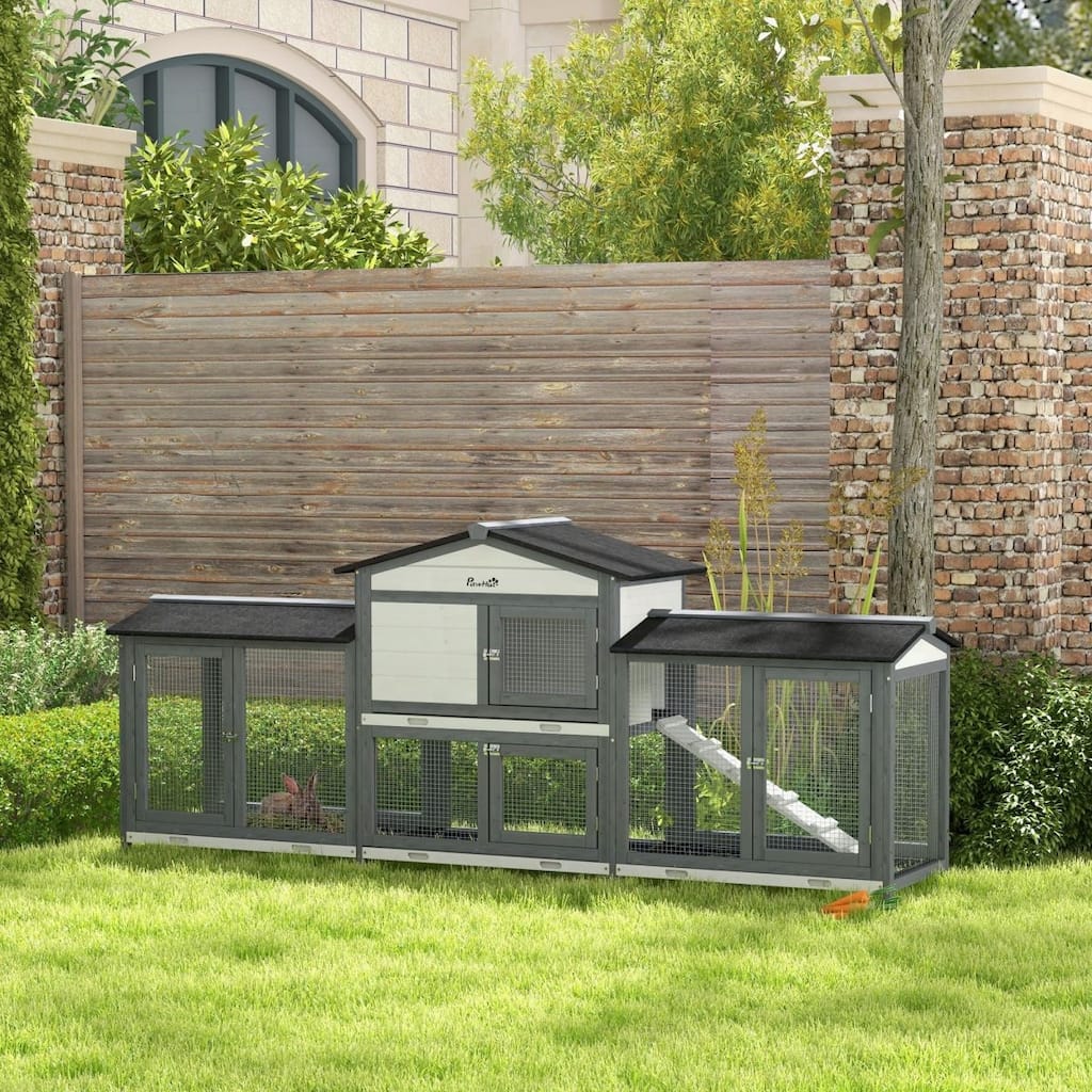 PawHut 90.5" Wooden Hutch with Run, Tray & Ramp for Small Animals