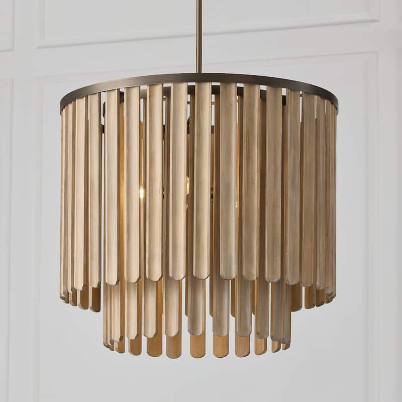 24" W x 21" H 5-Light Pendant in Dark Brass with Handcrafted Mango Wood in Nordic Grey Stain - 24"W x 21"H