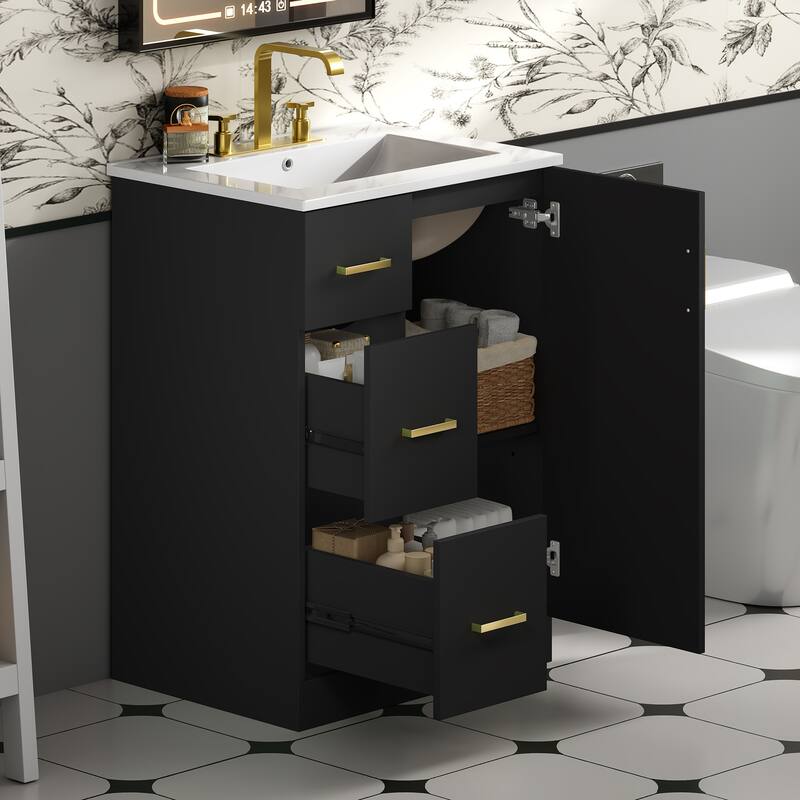 Roomfitters 24 Inch Bathroom Vanity with Under-mount Sink, Storage Cabinet with 2 Sliding Compartments & Soft Close Door, Black