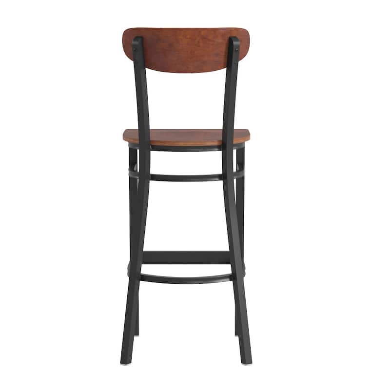 Commercial Metal Barstool with Wood Seat and Boomerang Back
