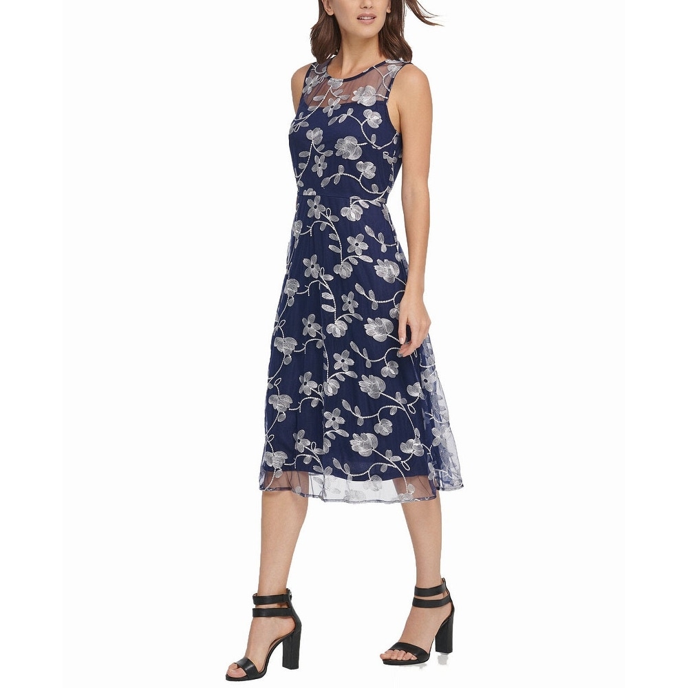 dkny embroidered dress DKNY Womens Embroidered Mesh Fit & Flare Dress, Black