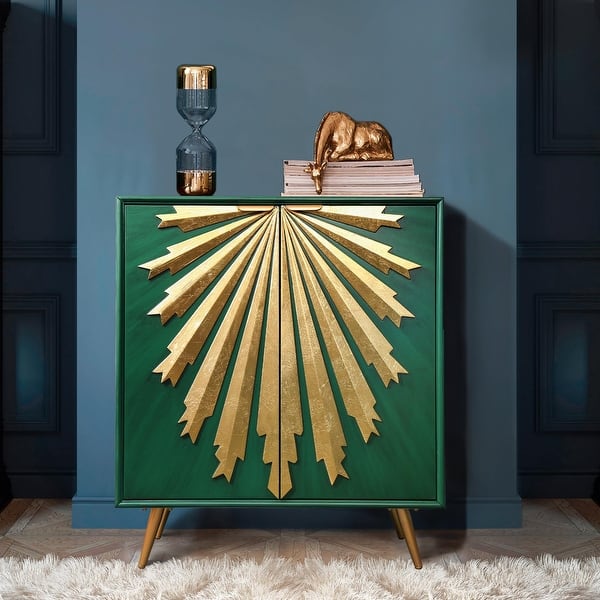 slide 2 of 8, Modern Glam Solid Wood Cabinet 2-Door Sunburst Accent Storage Sideboard Cupboard Dining Room Buffet L31.5'' x W15.7'' x H38.2'' - Green