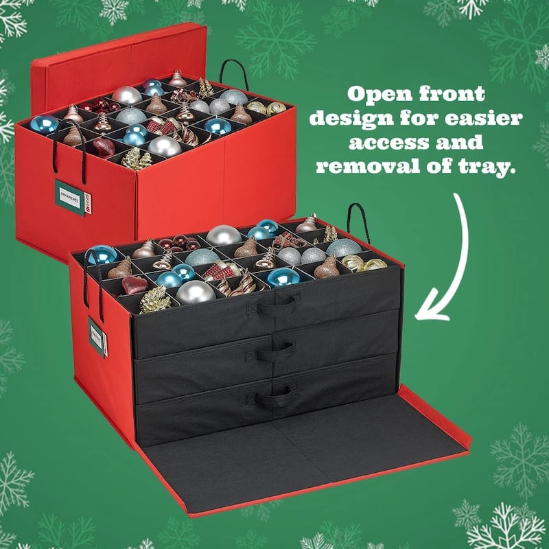 Christmas Ornament Storage Container Box with Dividers - Stores up to 72- 4" Ornaments - 3 Removable Trays with Separators.