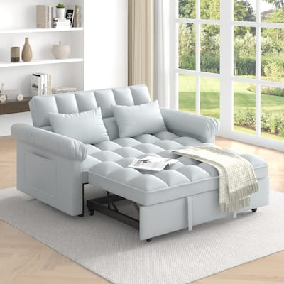 Flannel Sleeper Sofa Bed Loveseat Recliners Couch with Pull-Out Trundle, Adjustable Backrest, Round Arms and Side Pockets