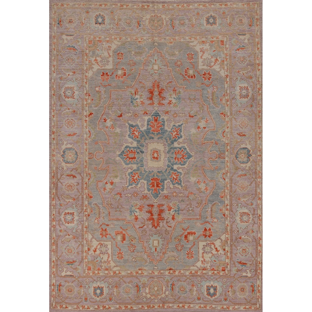 Hand Knotted Oriental 100% Wool Carpet Transitional Medallion Purples Oushak Area Rug - 9' 0'' X 6' 2''