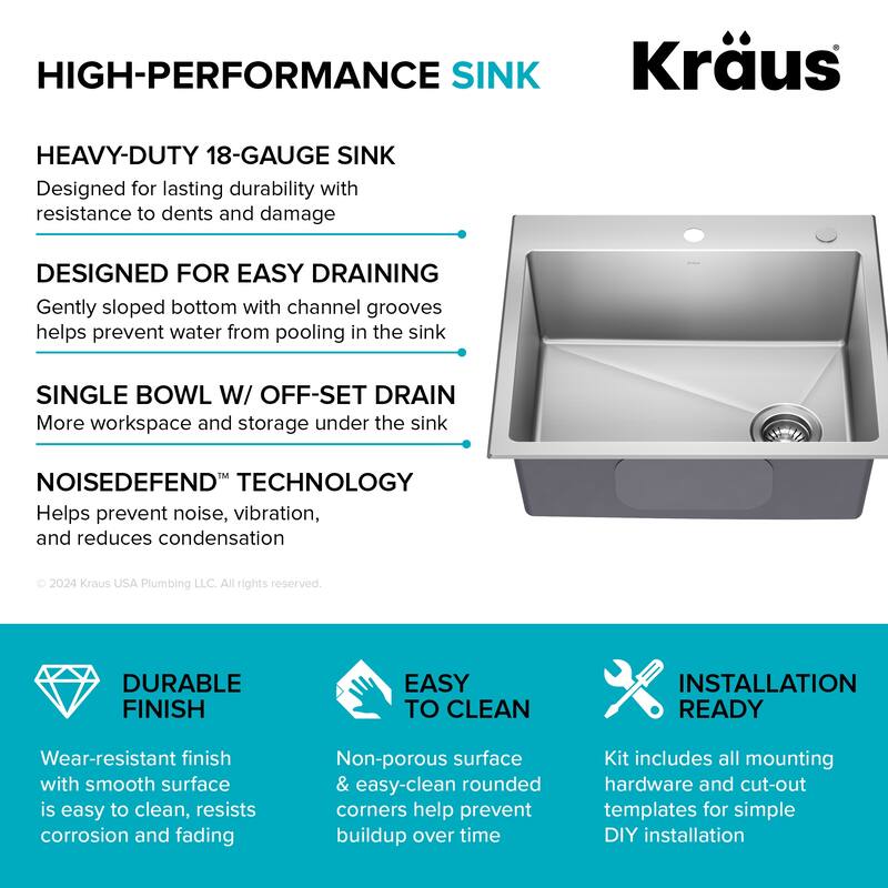 KRAUS Fairlane Drop In Top Mount 18 Gauge Stainless Steel Kitchen Sink