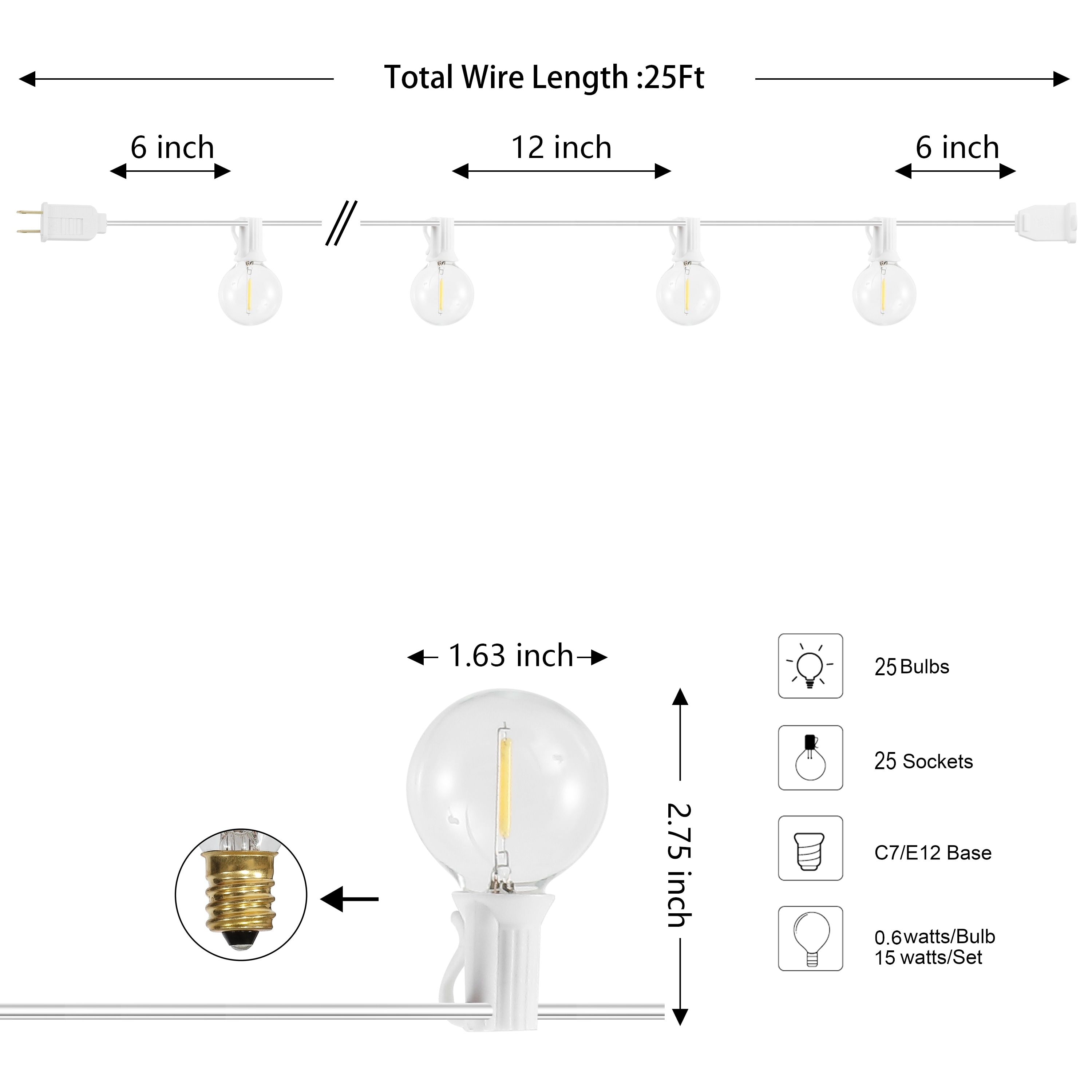 25-Pack Clear G40 Globe Light Bulbs – 5W, E12 Candelabra Base, 1.5-Inch Diameter, Dimmable, 120V, 3000-Hour Life, For Patio String Lights & Indoor/Outdoor Use