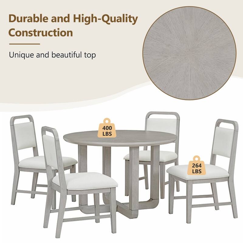 5-Piece Round Dining Table Set for 4 with Upholstered Chairs, Wood Dining Table Set with Radial Wood Grain Design Top