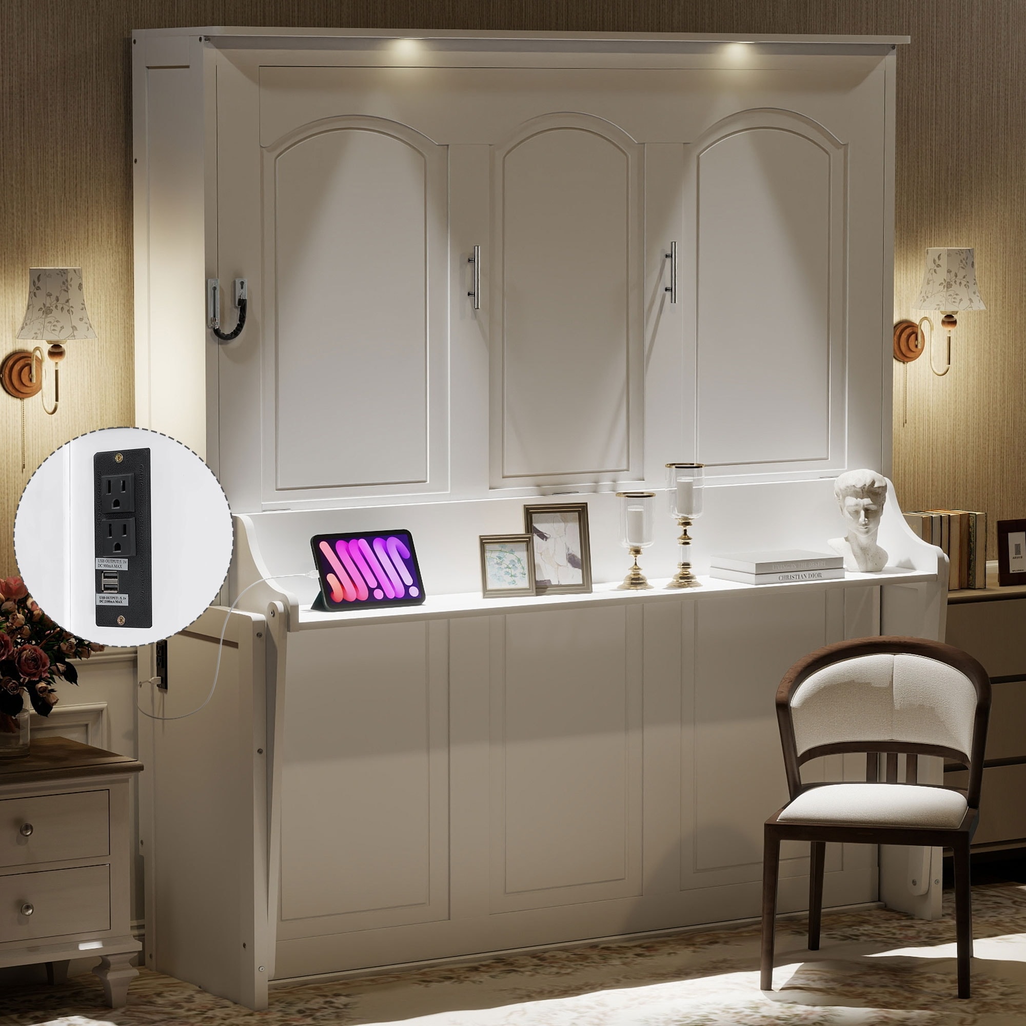 Queen Size Murphy Bed with Desk, LED Lights, USB Charging Station, and Space-Saving Design