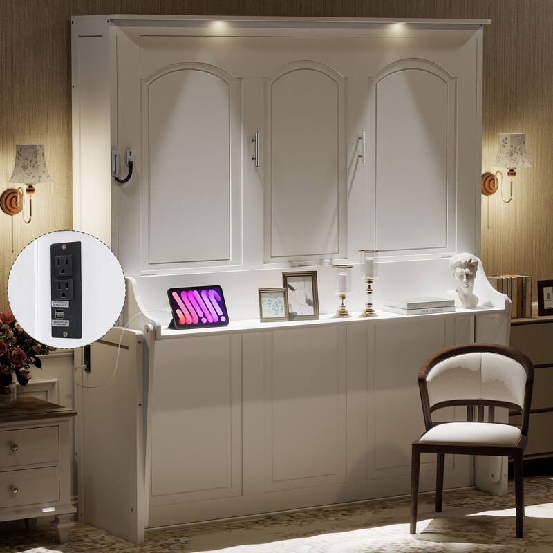 Roomfitters Queen Size Murphy Bed with Folding Desk and USB Charging Ports, Space-Saving Wall Bed with LED Lights