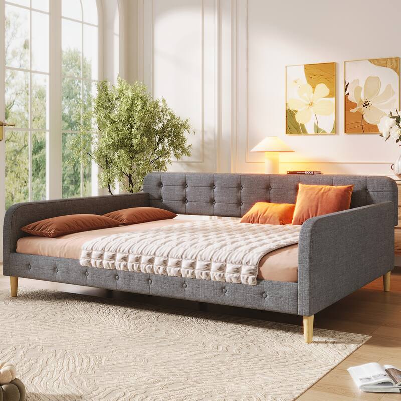 Linen Fabric Upholstered Daybed Modern Sofa Bed with 4 Support Legs/No Box Spring Needed/Upholstered Bedframe for Teens/Adults