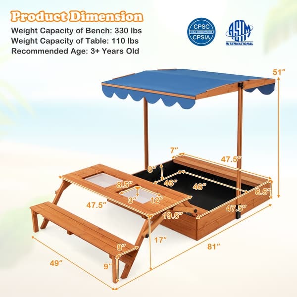 3-in-1 Wooden Sandbox with Canopy Table Bench and Storage Bins Outdoor Playset for Kids - 81" x 49" x 51"