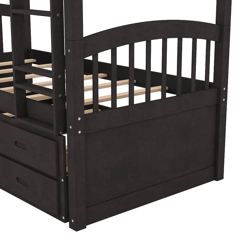 Twin over Twin Wood Bunk Bed with Trundle and Drawers