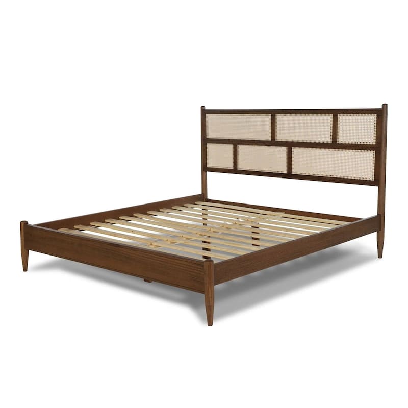Mid-Century Modern Solid Wood Bed Frame with Cane Headboard - King