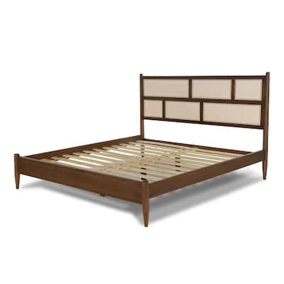 Mid-Century Modern Solid Wood Bed Frame with Cane Headboard