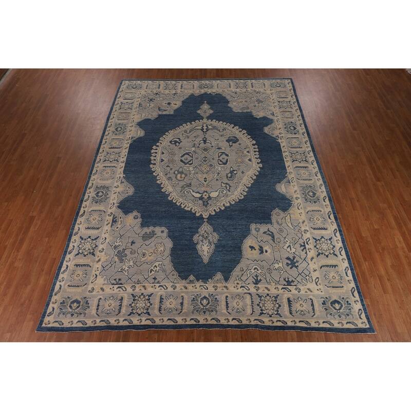 Blue Geometric Oushak Large Rug Hand-Knotted Wool Carpet - 9'10"x 13'10"