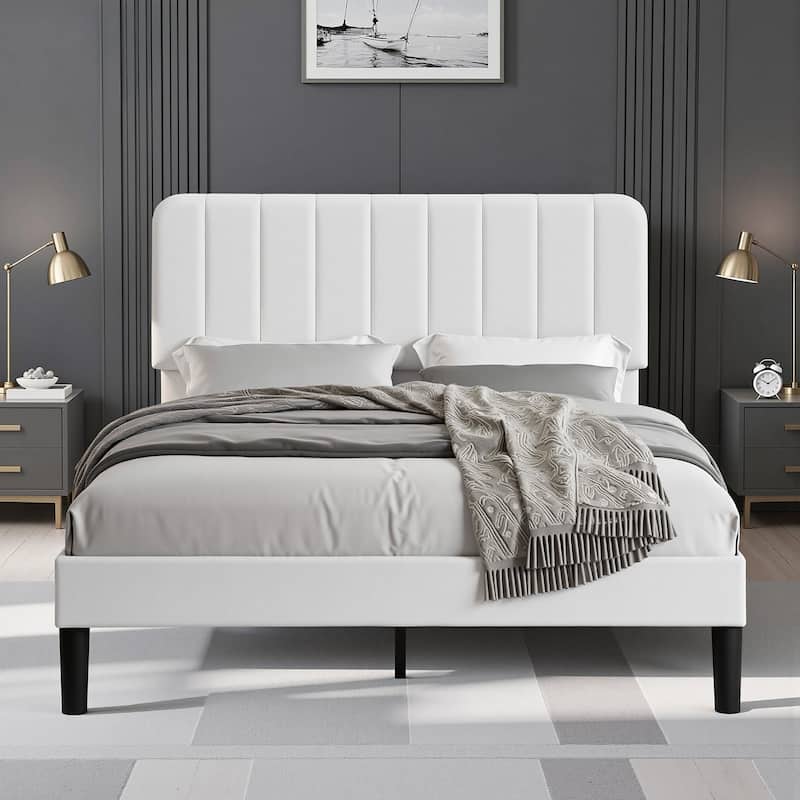 VECELO Modern Upholstered Platform Bed Frame with Adjustable Velvet Headboard Under-Bed Space for Storage No Box Spring Needed - White - Full