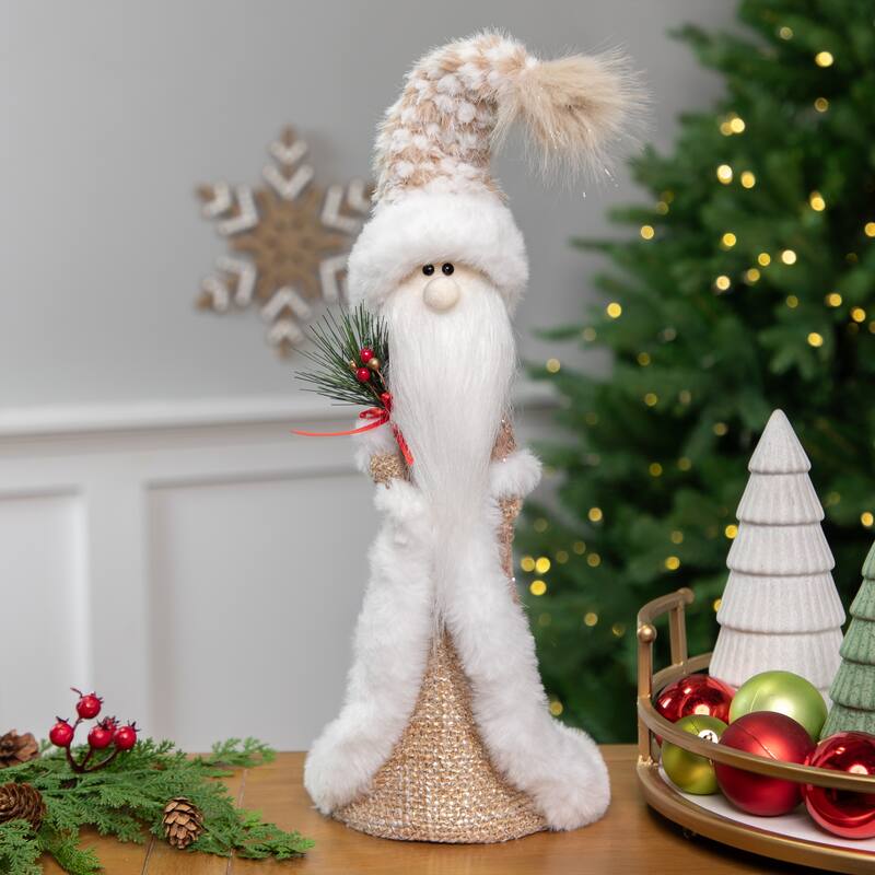 Santa Gnome Holding Pine Sprigs in Plush Winter Hat Christmas Figure - 19"