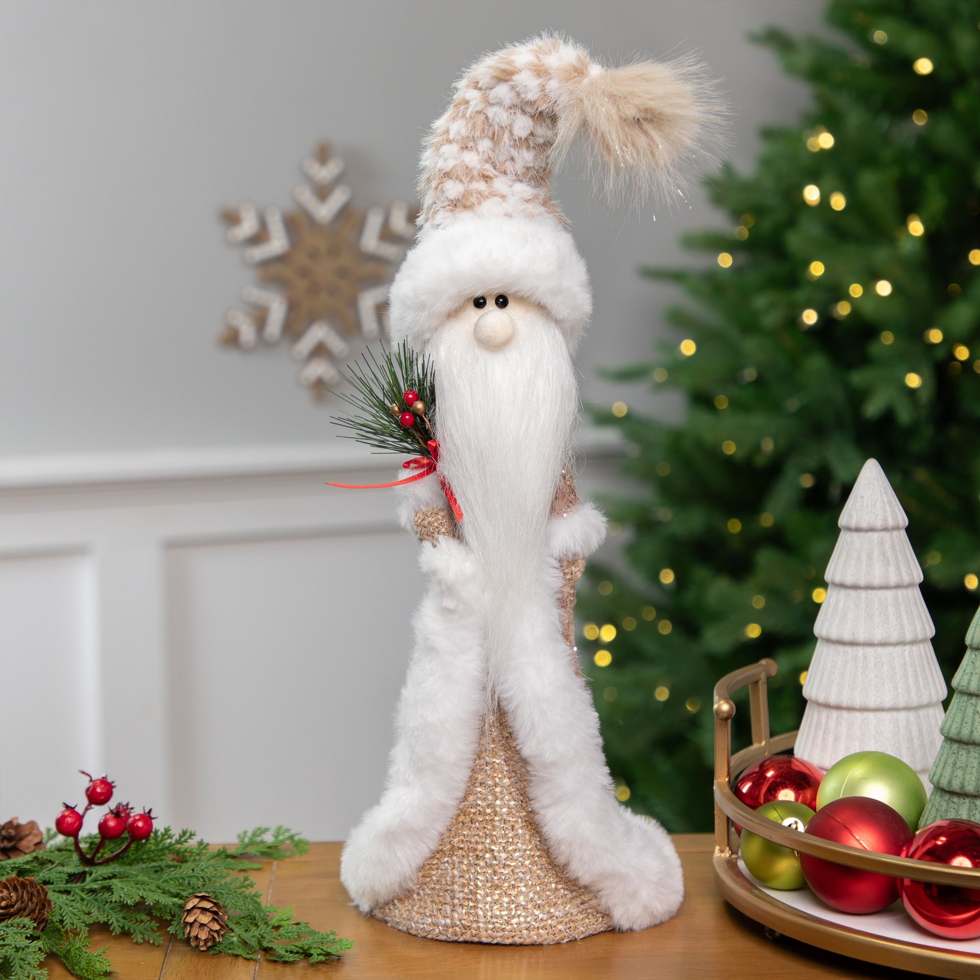 Santa Gnome Holding Pine Sprigs in Plush Winter Hat Xmas Figure 19"