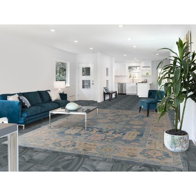 Hand Knotted Oriental 100% Wool Carpet Transitional All-Over Navy Blue & Blues Oushak Area Rug - 11' 5'' X 8' 3''