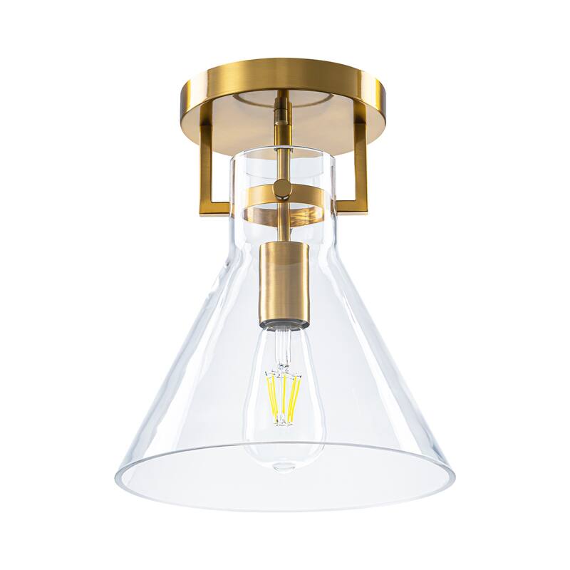 9.8" 1-Light Mid-Century Modern Brushed Brass Semi-Flush Mount Ceiling Light with Clear Cone Glass Shade for Hallway or Bedroom
