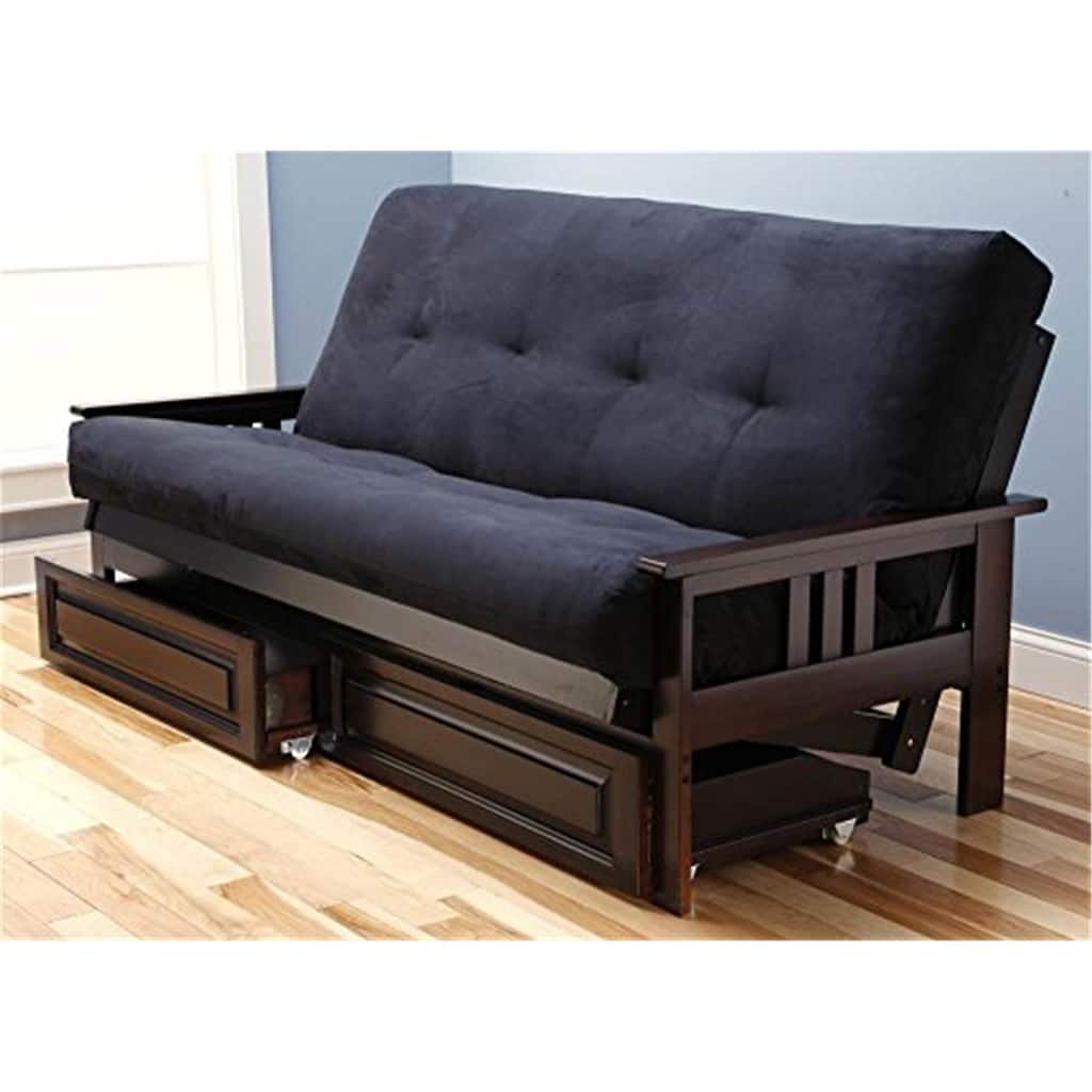 79 in. Espresso/Suede Black Polyester Upholstered Full Size Futon Set with Mattress and Storage Drawers