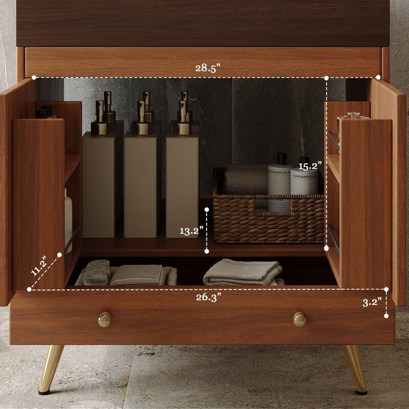 Mid-Century 30" Freestanding Bathroom Vanity with Faux Marble Top, Ceramic Sink & Gold Legs Cabinet